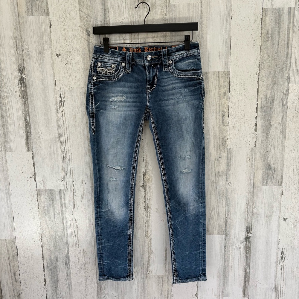 Rock Revival Women’s Linnett Ankle Skinny Blue Distressed Denim Jeans Size 27X27